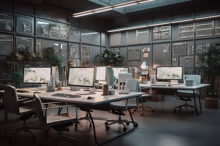 an office with multiple computer screens on the wall and two desks in front of each other workstations. Generative AIの素材