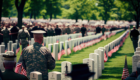 a man in military uniform looking at the american flags on gravestones with other men and women standing behind him. Generative AIの素材