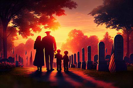 a man and woman walking through a cemetery with the sun setting in the sky behind them are silhouetted by trees. Generative AIの素材