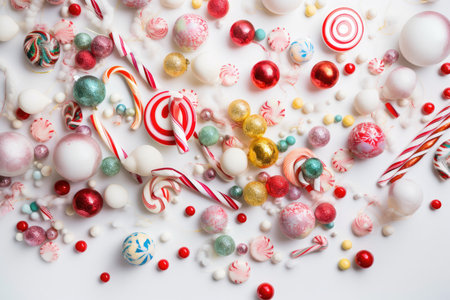many different colored candis and candy canes on a white background with copy space in the center for text. Generative AIの素材