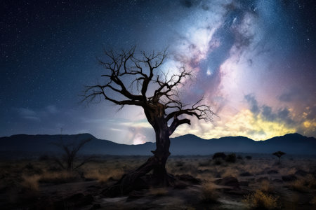 a dead tree in the middle of an open desert area under a starry night sky with clouds and stars. Generative AIの素材