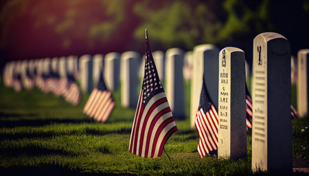 an american flag laying on gravestones in a cemetery with the sun shining through the trees and grass behind it. Generative AIの素材