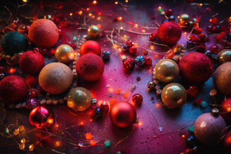 christmas balls and lights on a purple surface with red, green, gold and blue ornaments scattered all around them. Generative AIの素材