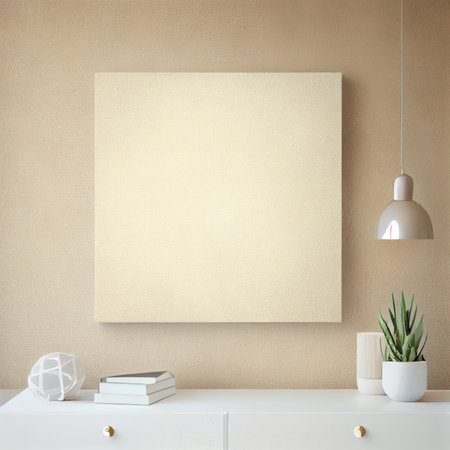 an empty white room with a plant in the corner and a book on the side table next to the mirror. Generative AIの素材
