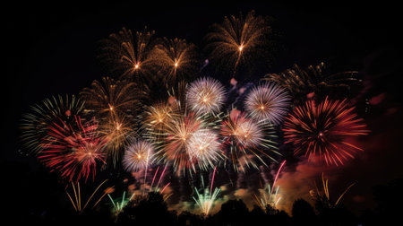 fireworks in the night sky with trees and buildings in the foreground, taken from an angle to the right. Generative AIの素材