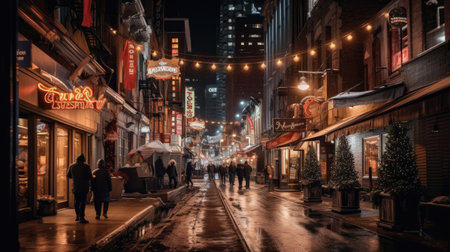 people walking down the street in the city at night time with lights on buildings and neon signs hanging above them. Generative AIの素材