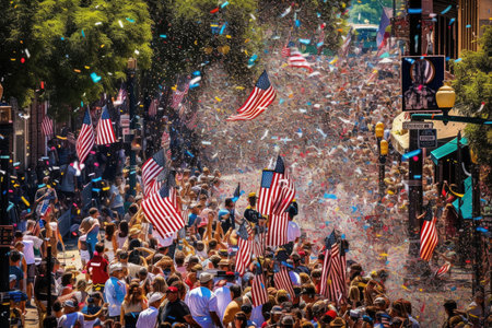 people celebrating in the street with confectional flags and confectional confectional confectionals. Generative AIの素材