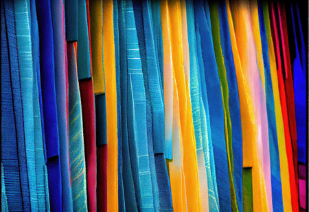 many different colored ribbons hanging on the side of a building in an area with no people or objects to be seen. Generative AIの素材