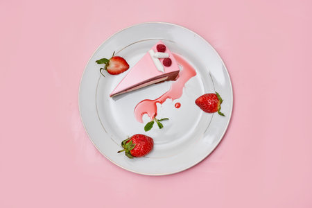 a piece of cake on a plate with strawberries and strawberrys next to it is a forked onto the plate