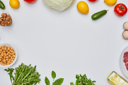 some vegetables and fruits on a white surface with space for your text or image to be displayed in the centerの写真素材