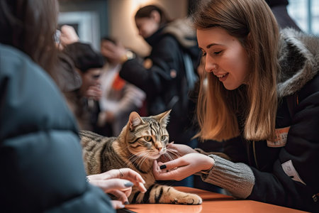 a cat being petted by a woman at an animal shelter in the uk, with people standing around and looking on. Striking Image of Cat Cafe in Busy City - Generative AIの素材