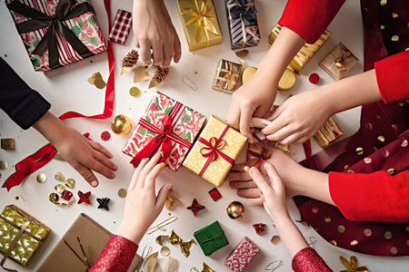 Several people putting presents, all wrapped in red and gold wrappings. A creative flat lay of a Parents Day celebration, displaying gifts, cards, and decorations. Generative AIの素材