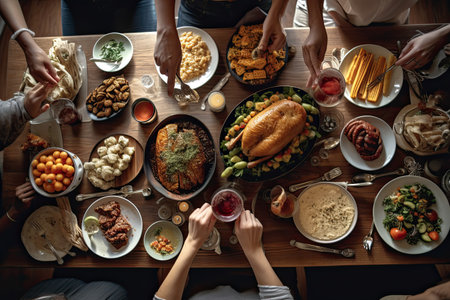 several people sitting at table with plates of food in front of them and person holding glass of wine. A Bountiful Thanksgiving Feast: Family Enjoying Turkey and All the Trimmings - Generative AIの素材