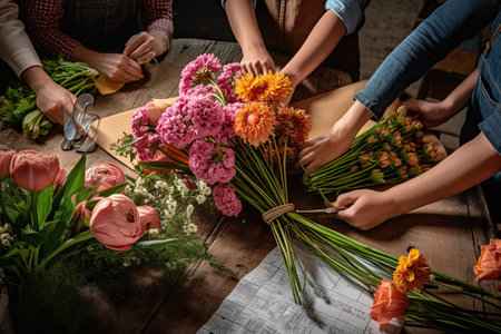 flowers being cut and placed on a wooden table with people in the background cutting them into bouquets to make their own. Generative AIの素材