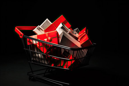 a shopping cart full of books on a black background with copy - in the bottom right hand corners, to the left. Generative AIの素材