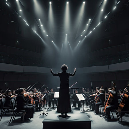 conductor and orchestra members in an empty concert hall with spotlights on the ceiling, lighting from stage lights behind. Dramatic Female Conductor Leading Modern Symphony Orchestra - Generative AIの素材
