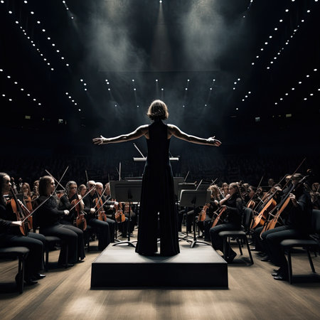 a woman in a black dress standing on a stage with her arms outstretched to the side, surrounded by orchestra members. Dramatic Female Conductor Leading Modern Symphony Orchestra - Generative AIの素材