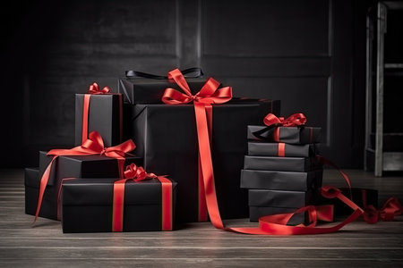 black gift boxes with red ribbon and bow on wooden table stock photo - 15909783 jpd. Generative AIの素材