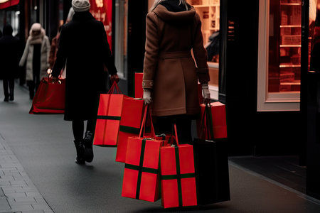 two women walking down the street with shopping bags in their hands and one carrying a red bag on her shoulder. Generative AIの素材