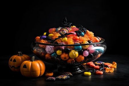 halloween candis in a bowl on a black background with pumpkins and other candis around it stock photo. Generative AIの素材