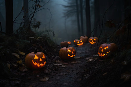 three pumpkins in the woods with their faces carved into them, all lit up by candlelighters lights. Generative AIの素材