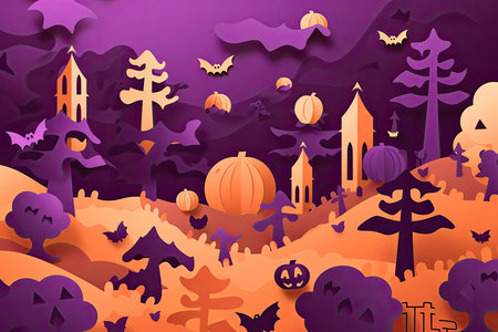a halloween scene with bats, ghosts and pumpkins in the background is an illustration of a witchs house. Generative AIの素材