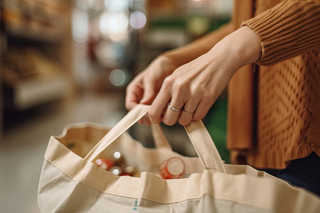 a womans hand holding a tote bag that has been made from recycled paper and is being used for shopping. Generative AIの素材