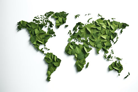 the world map made out of green leaves, on a white background with space for your text or image stock photo. Generative AIの素材