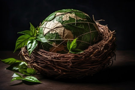 a birds nest with green leaves and a golden earth globe on top stock photo - 1230987. Generative AIの素材