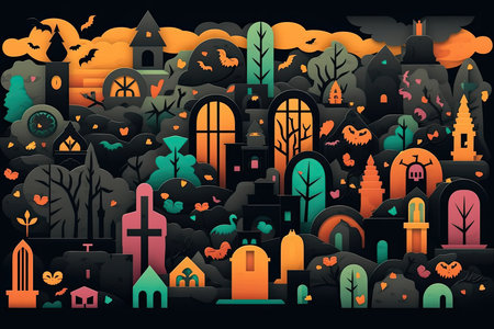 halloween town with pumpkins, ghosts and other things in the background is an image of trees, houses, bats. Generative AIの素材