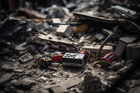 an old camera surrounded by rubble and debris in the background is a pile of electronic devices, which are scattered on the ground. Generative AIの素材