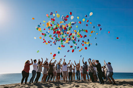 a group of people on the beach with balloons flying in the air over their heads and hands up into the sky. Generative AIの素材