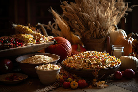 corn, pumpkins and other fall foods on a wooden table with wheat stalks in the background is dark brown. Generative AIの素材