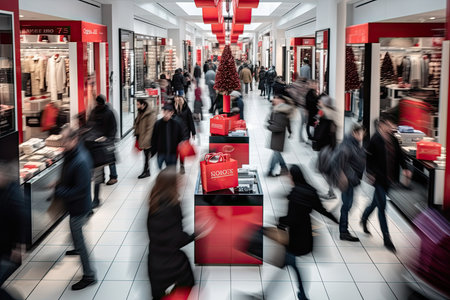 people walking through a store with red and white signs on the walls that say100 % off sale . Generative AIの素材