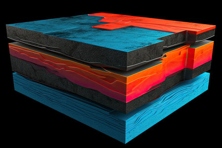 the layers of an earths surface, with red and blue colors on top and bottom part of the layers below. Generative AIの素材