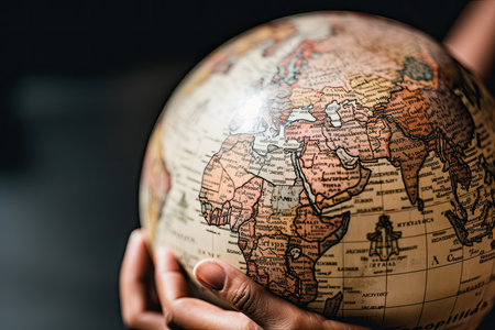 a globe being held in the palm of a persons hand as they hold it up against a black background. Generative AIの素材