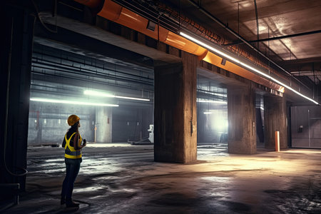a woman standing in an industrial building. Female Project Manager Inspecting Construction Work - Generative AIの素材