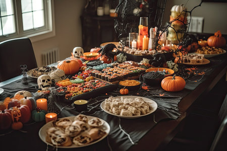 a table full of food and halloween decorations with candles, pumpkins, spider webs, spooked on the table. Generative AIの素材