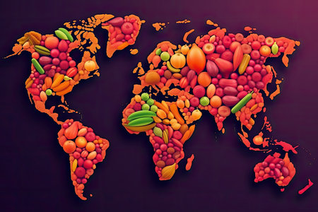 the world map made up of fruits and vegetables on a dark purple background with text that reads,what are we eating?. Generative AIの素材