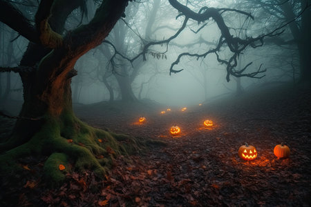 halloween pumpkins on the ground in a dark forest with fog and light coming through the trees, at night time. Generative AIの素材
