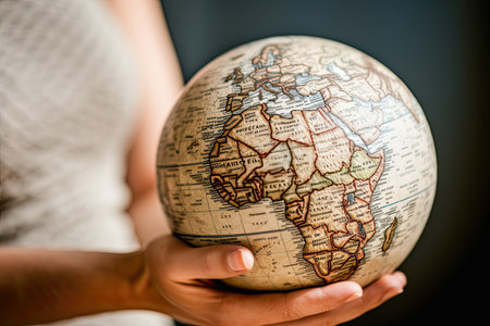 a person holding a small globe in their right hand, with the world map on its left side. Generative AIの素材