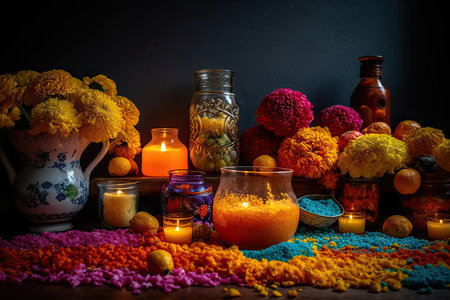 flowers and candles on a table with other items in the background, as if it is still to be lit. Generative AIの素材