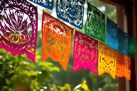 colorful paper cut buntings hanging on a window sie with green leaves in the background and sun shining through. Generative AIの素材