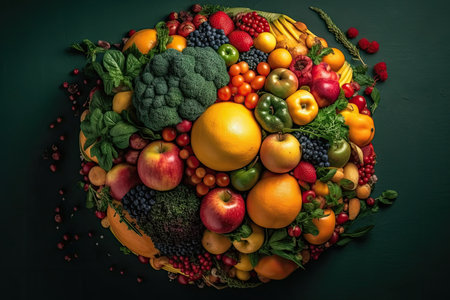 fruits and vegetables arranged in a circle on a dark green background with red berries, oranges, lemons, apples, bro. Generative AIの素材