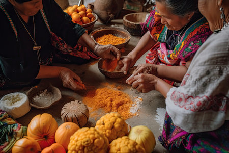 two women preparing food in the kitchen with orange powder and other people standing around looking at them as they prepare for their meal. Generative AIの素材