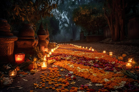 candles and flowers on the ground in front of an entrance to a hindu temple at night with lights shining down. Generative AIの素材