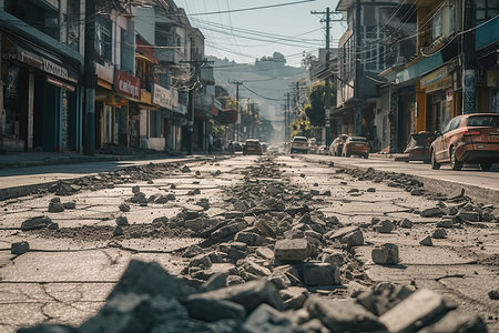 an old city street with rocks on the ground and cars parked in the road next to it, there is a broken stop sign. Generative AIの素材