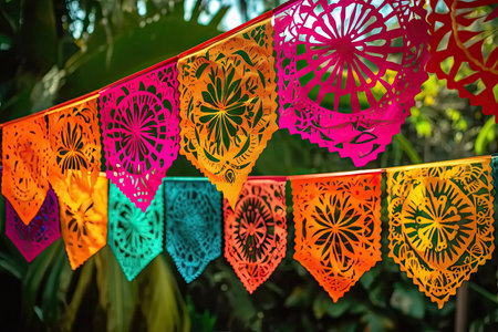 colorful paper garlands hanging on a string in the shape of flowers and leaves, with text overlay that reads how to make. Generative AIの素材
