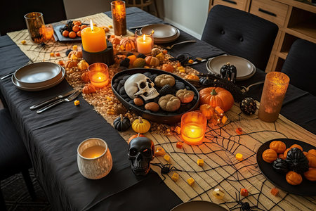 a halloween table setting with candles, pumpkins and other decorations on the placemat in front of the table. Generative AIの素材