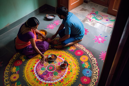two people sitting on the floor in front of a colorful rang rang rang art design for diwali festival. Generative AIの素材